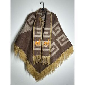 Alpaca Wool Textil Peruvian Poncho Attached Scarf Lama Application One Sz *Notes